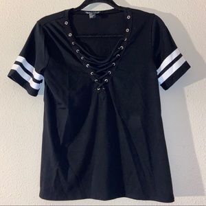 Black and White Stripe V-Neck Criss Cross Top